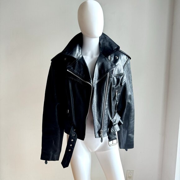 Vintage Black Leather Braided Detail Motorcycle Jacket M/L - Picture 2 of 10